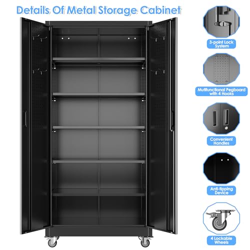 Garage Storage Cabinet with Wheels, 72" H, 2 Doors, 4 Adjustable Shelves, Black R4307