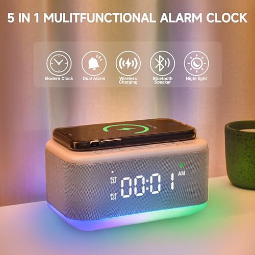 Wireless Charging Alarm Clock Speaker with Bluetooth, Dimmable Night Light K3994