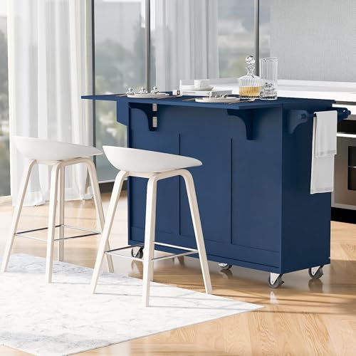 Large Kitchen Island with Drop Leaf, Rolling Cart, Power Outlet and Storage A3211