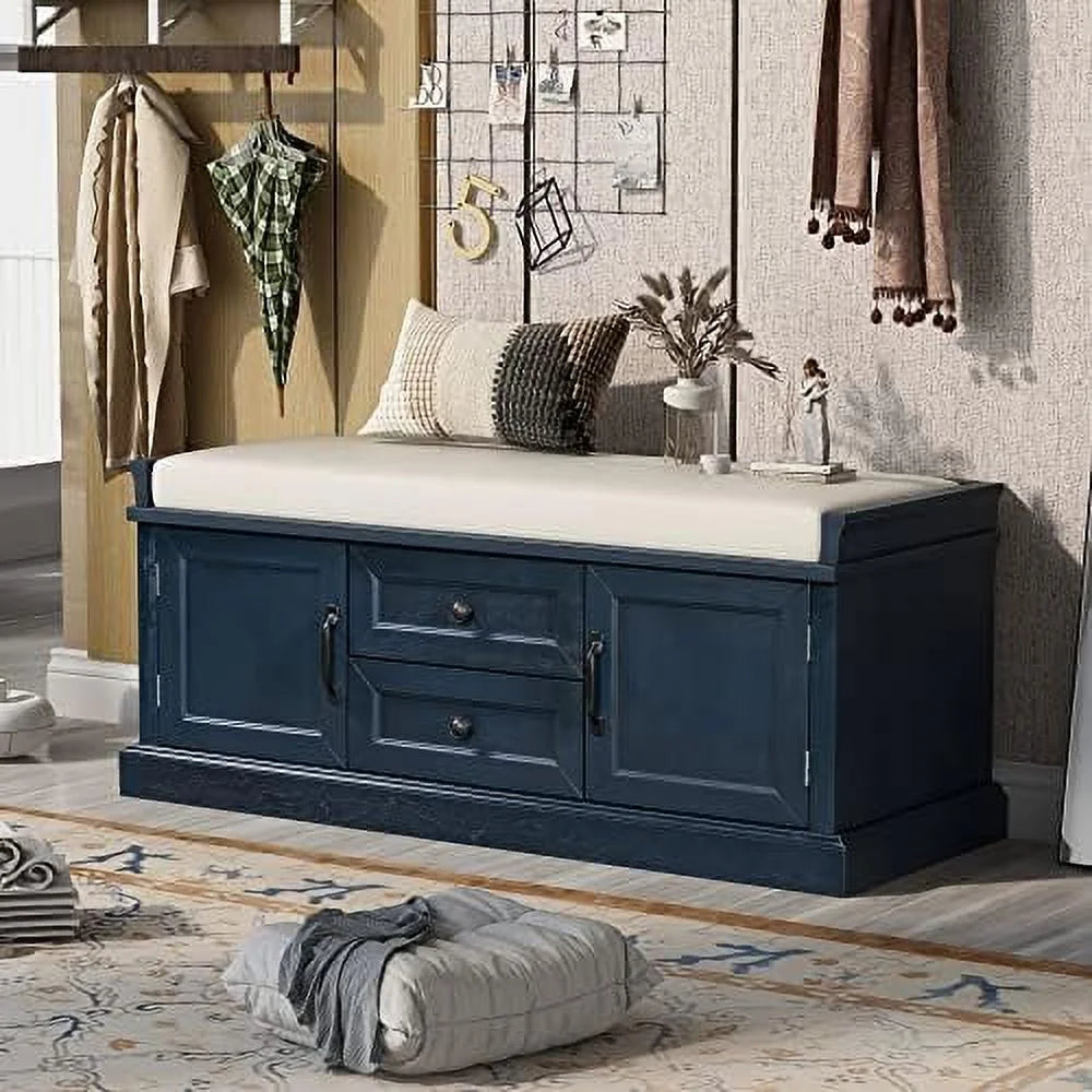 Harper &amp; Bright Designs  Bench with 3 Shutter-Shaped Doors  Solid Wood Shoe Bench with Removable Cushion and and Hidden  Space for Hallway Entryway Living Room