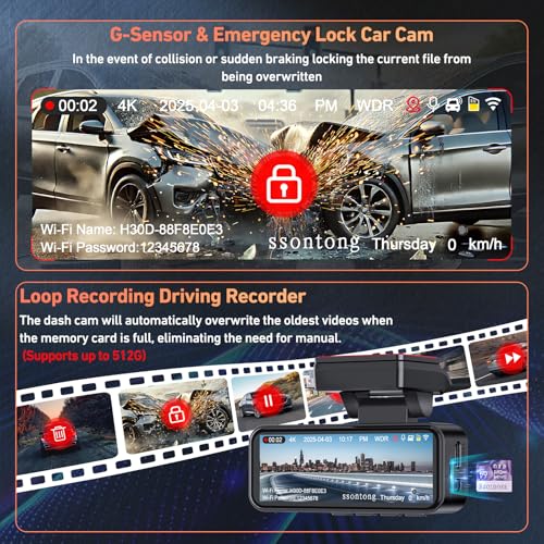 4K Front and Rear Dash Cam with WiFi GPS, 3.2" IPS Screen, Night Vision J83728