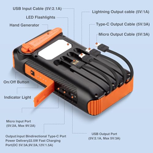 Solar Power Bank 20000mAh with Hand Crank, 4 Cables, and LED Flashlight S6880
