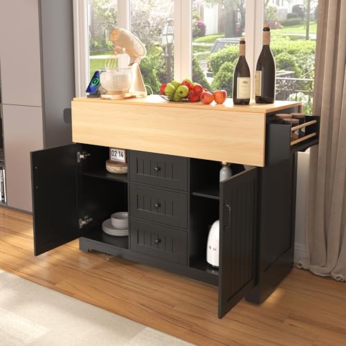Foldable Kitchen Storage Island Cart with Drop Leaf Extensions and Wheels C5218
