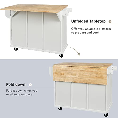 Large Kitchen Island with Drop Leaf, Rolling Cart, Power Outlet and Storage A3211