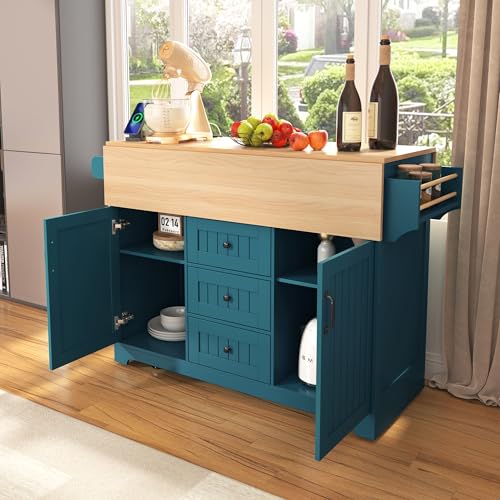 Foldable Kitchen Storage Island Cart with Drop Leaf Extensions and Wheels C5218