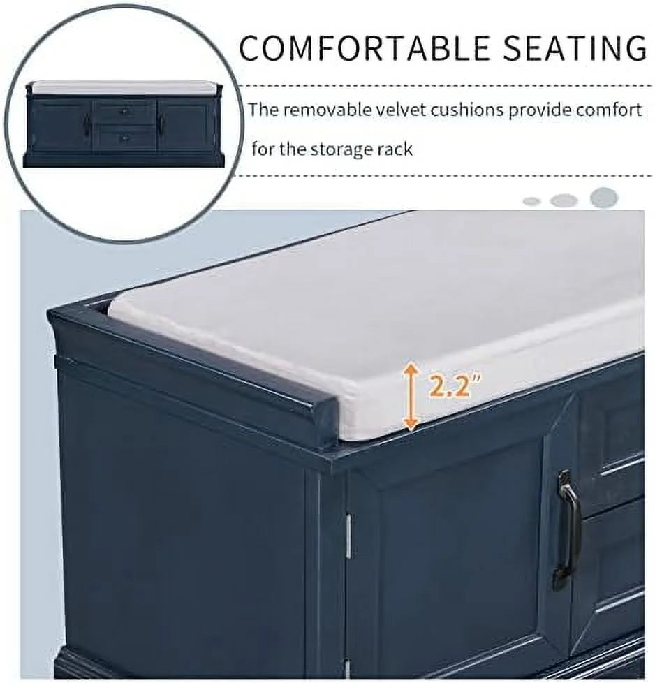 Solid Wood Shoe Bench with 3 Doors and Removable Cushion P521