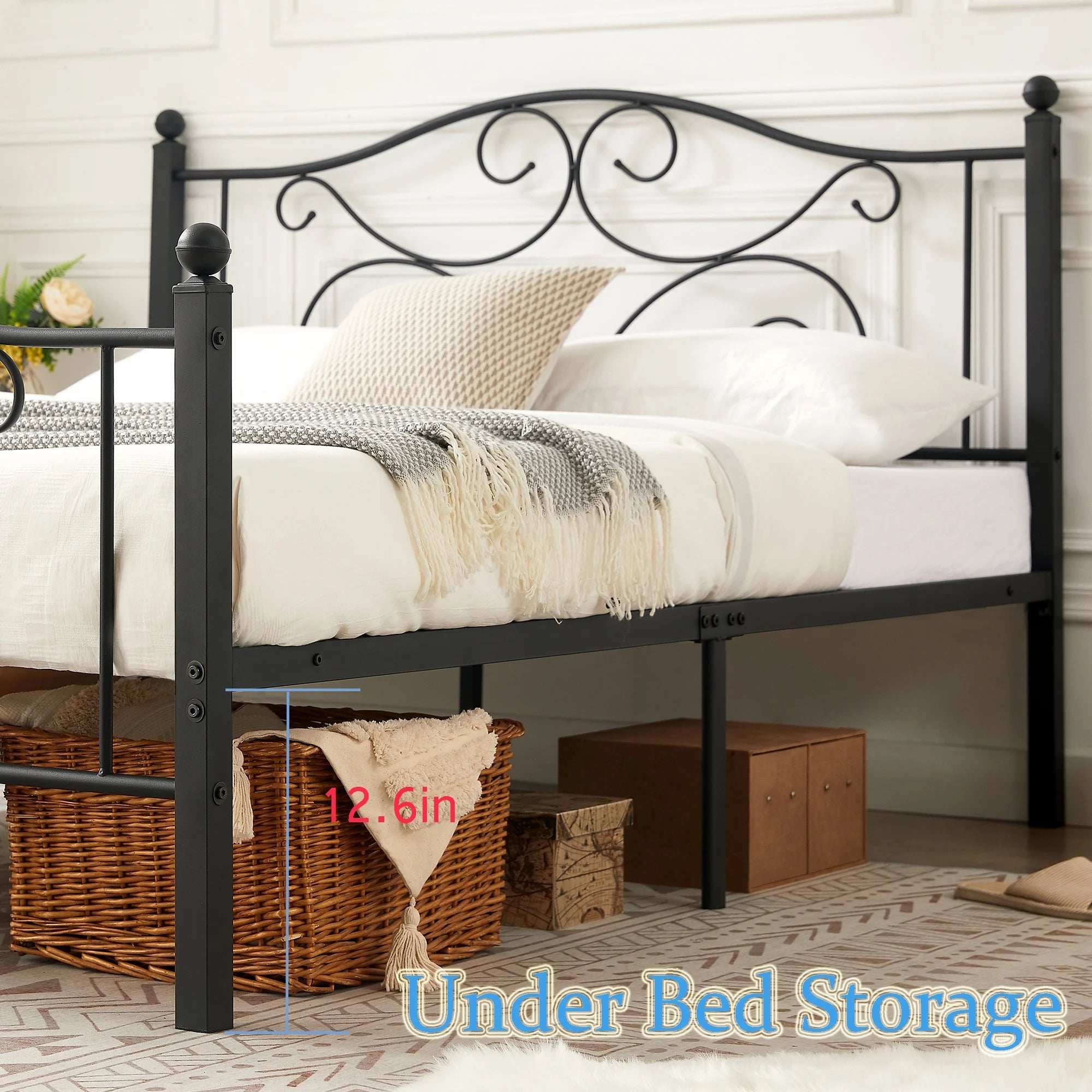 Metal Platform Bed Frame with Victorian Headboard, Full Size, Black Z6802