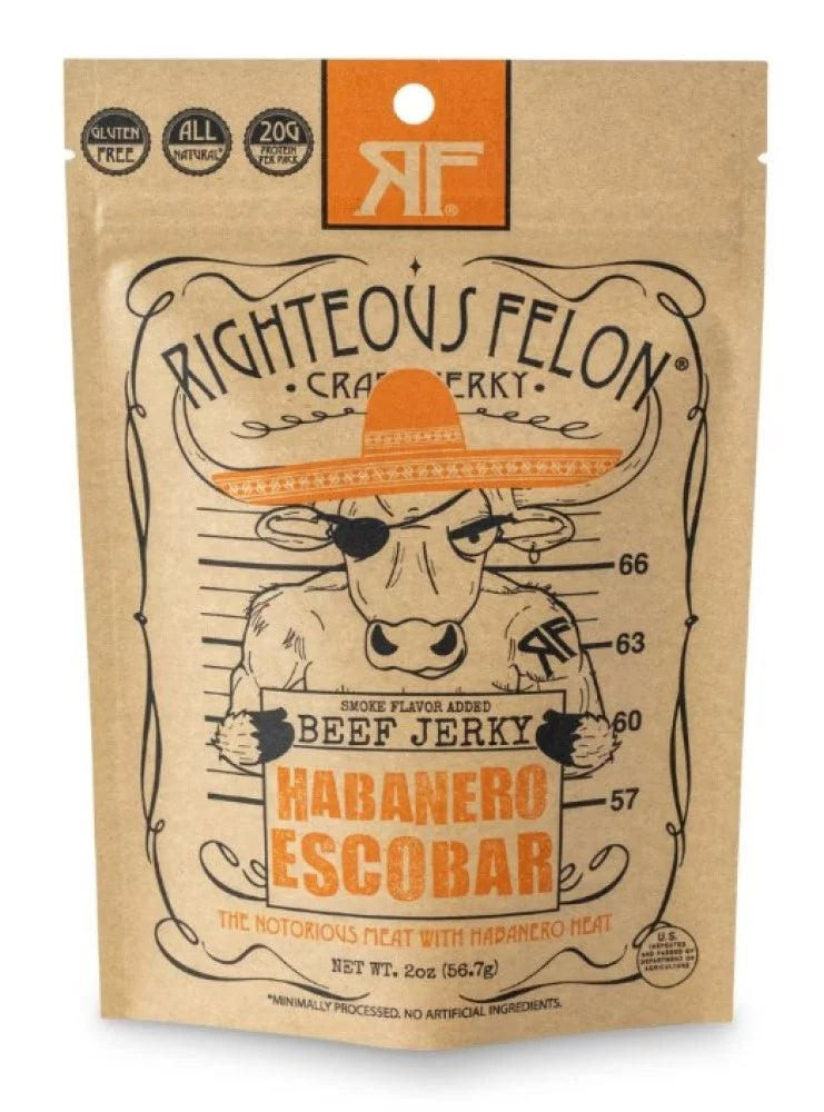 Righteous Felon Gluten Free Habanero Escobar Beef Jerky 2oz Resealable Bag