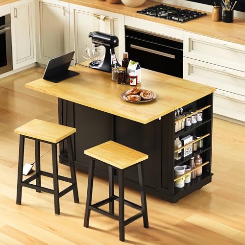 Rolling Kitchen Island Cart with Drop Leaf, Power Outlet, and 5 Open Shelves L877625