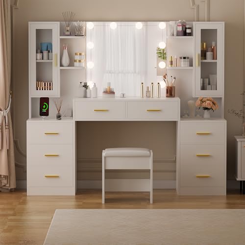 59.1" Vanity Desk with Mirror and Lights, 8 Drawers, 3 Lighting Modes N498542
