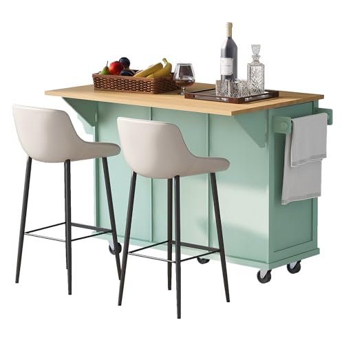 Large Kitchen Island with Drop Leaf, Rolling Cart, Power Outlet and Storage A3211