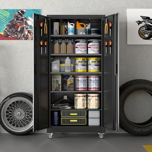 Metal Storage Cabinet with Wheels, 73" H, Locking Doors and Adjustable Shelves A1751