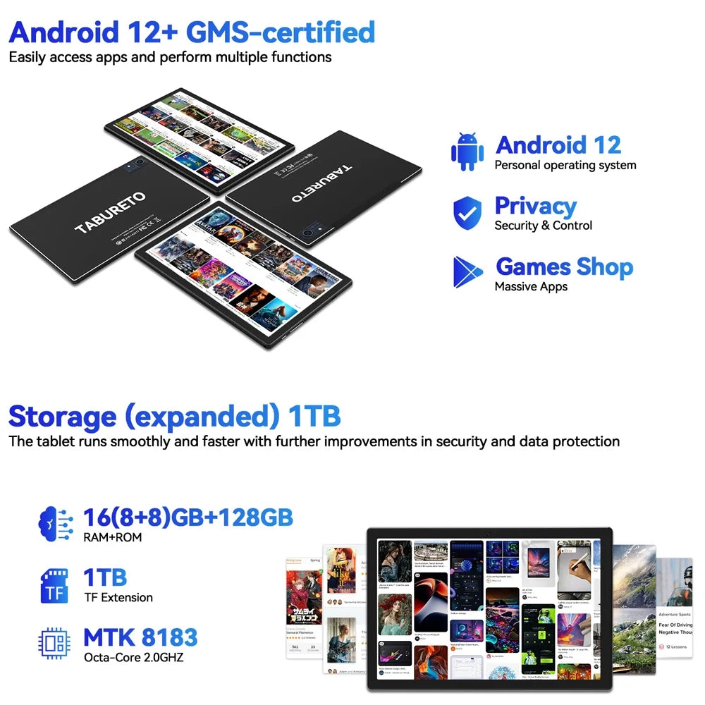 10.1 inch Android Tablet, 16GB RAM 128GB ROM, 8MP+13MP Camera G233125
