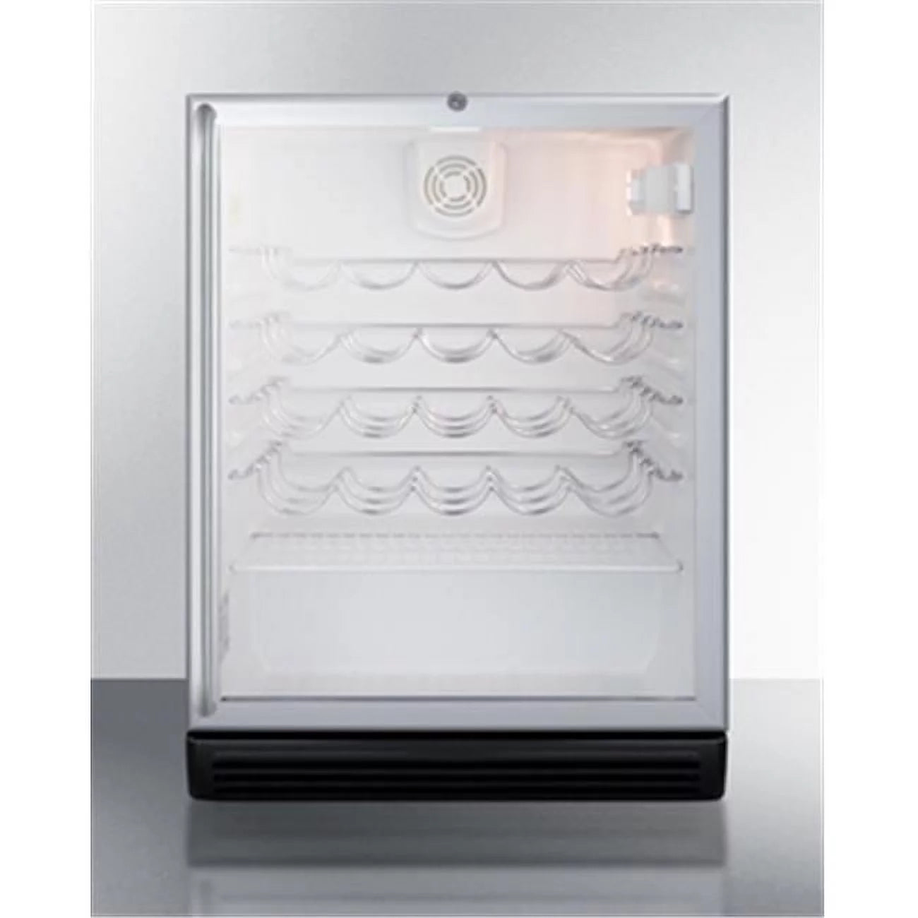 ADA compliant, commercially approved wine cellar for freestanding use with glass door, black cabinet, and full length handle