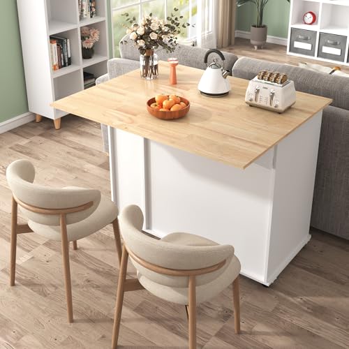 Large Kitchen Island with Drop Leaf, Rolling Cart, Power Outlet and Storage A3211