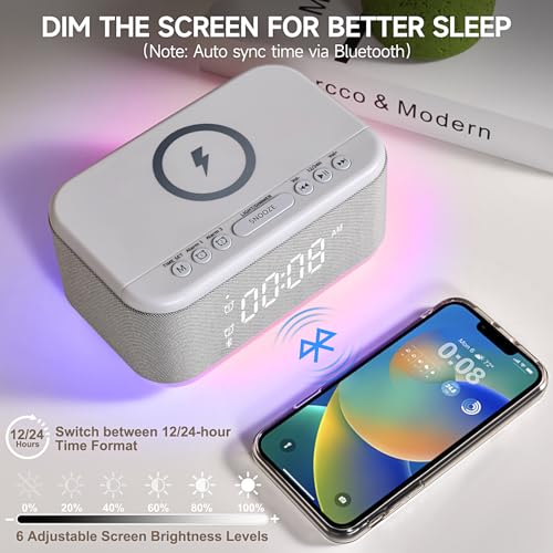 Wireless Charging Alarm Clock Speaker with Bluetooth, Dimmable Night Light K3994