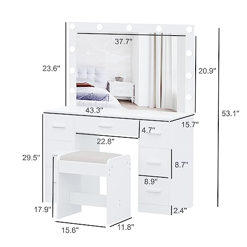 Vanity Desk with Stool, Lighted Mirror, 3 Color Lighting Modes, Dressing Table with Drawers U774924