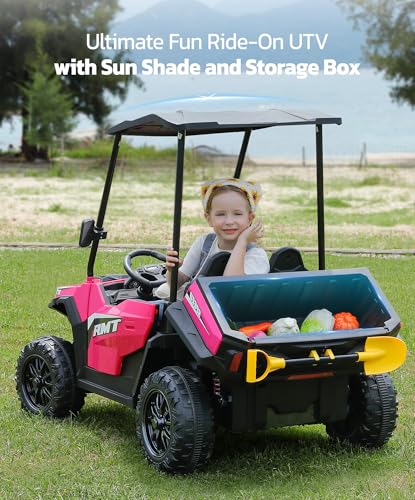 24V Ride on Car 2 Seater with Sun Shade, Dump Bed, 4WD, Pink S782676