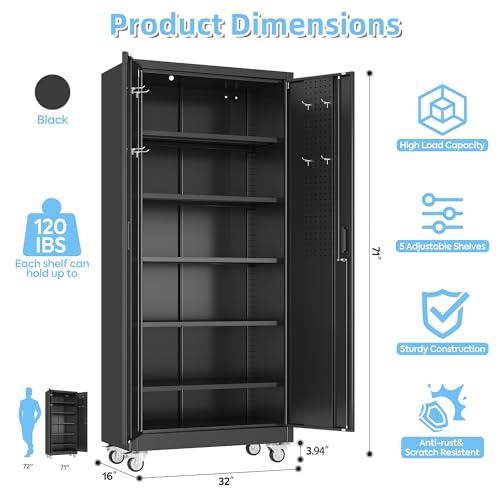Garage Storage Cabinet with Wheels, 72" H, 2 Doors, 4 Adjustable Shelves, Black R4307