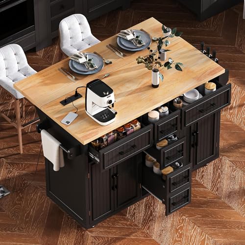 Rolling Kitchen Island Cart with Drop Leaf, Power Outlet, and 5 Open Shelves L877625