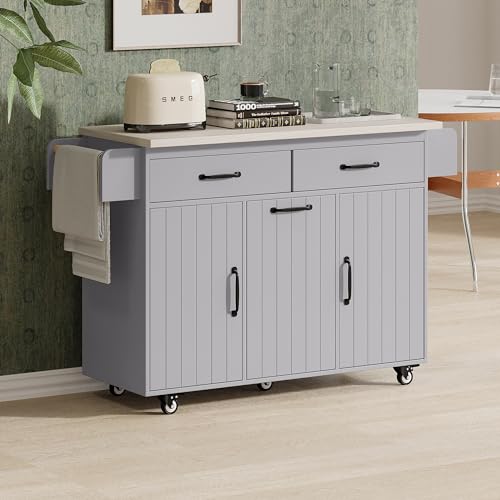 Farmhouse Kitchen Island with Drop Leaf, Barn Door and Power Outlet C3058