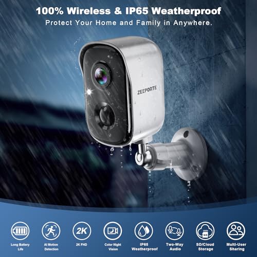 Wireless Outdoor Security Camera, 2K Battery Powered, AI Motion Detection, Color Night Vision L183343