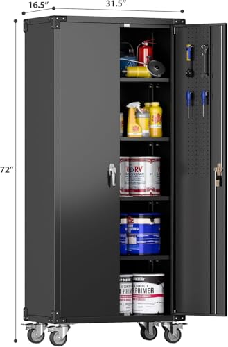 Garage Storage Cabinet with Wheels, 72" H, 2 Doors, 4 Adjustable Shelves, Black R4307