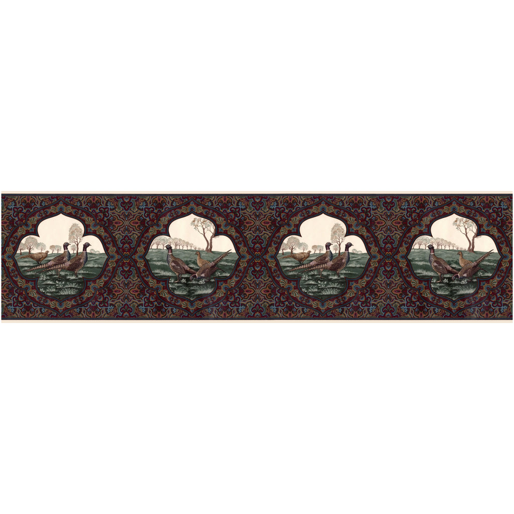 Vintage Paisley Pheasants Wallpaper Border, Dark Burgundy, 15 ft L x 10.25 in W O2429