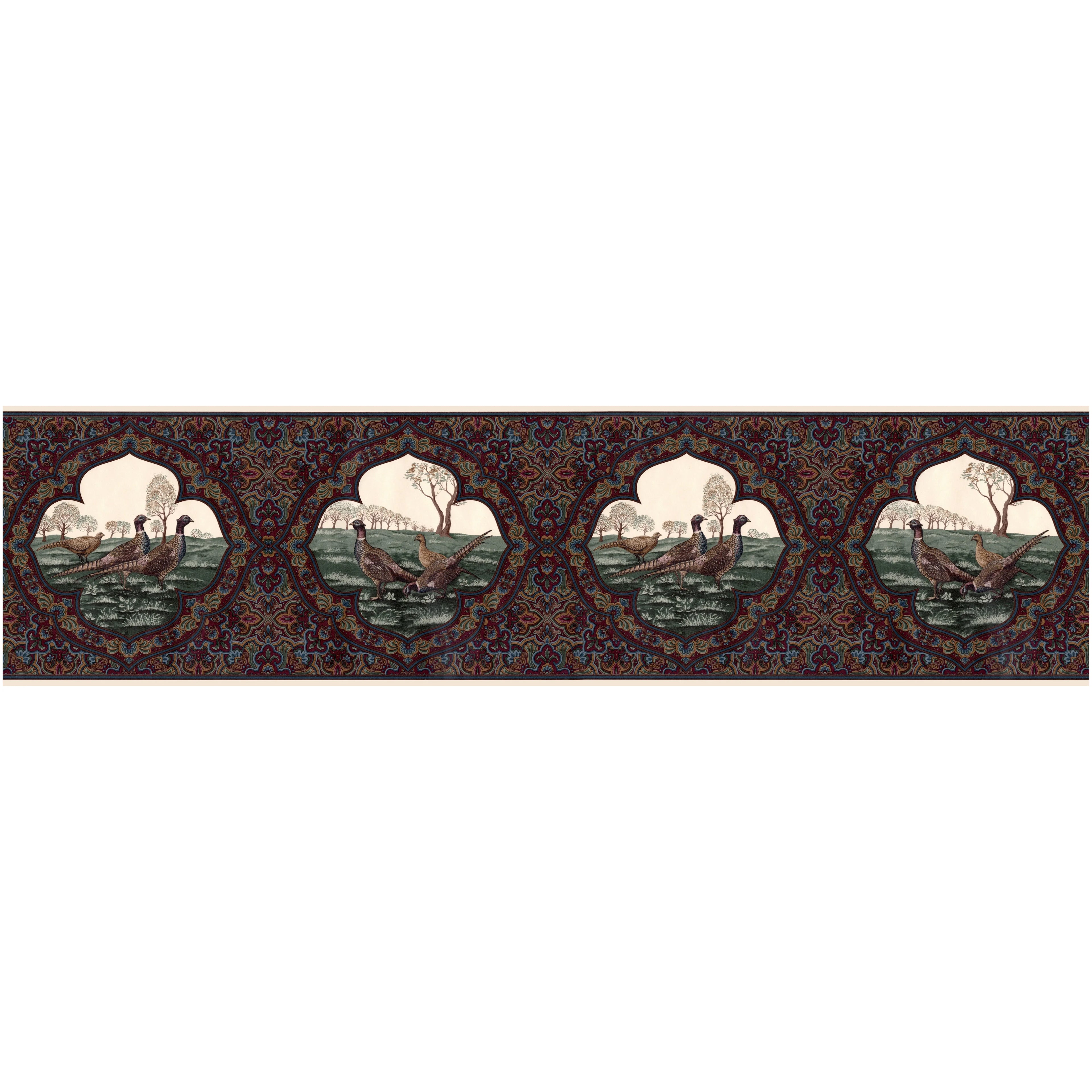 Vintage Paisley Pheasants Wallpaper Border, Dark Burgundy, 15 ft L x 10.25 in W O2429