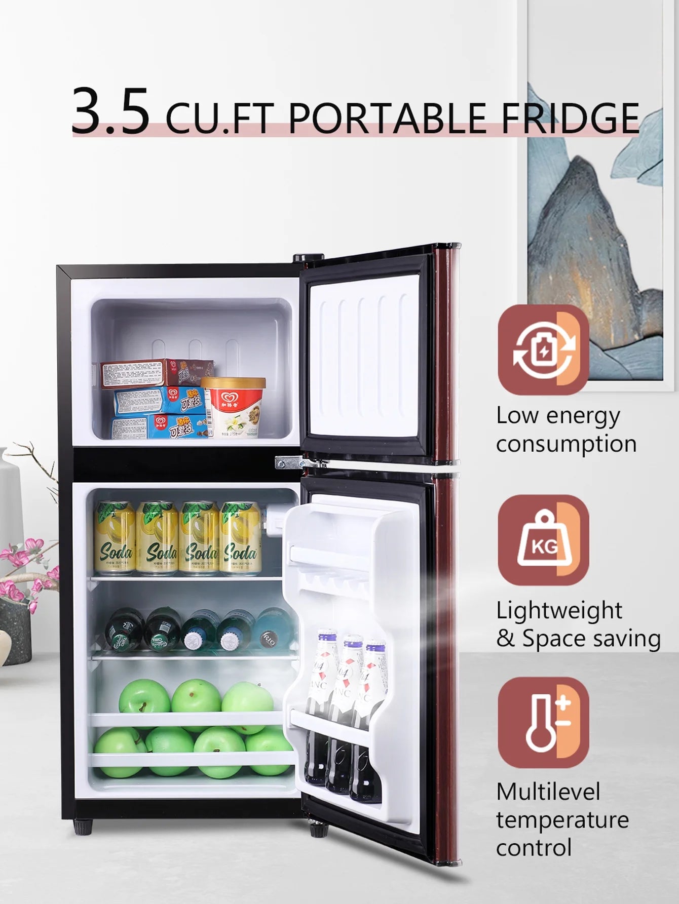 Mini Fridge with Freezer, 3.5 Cu.ft, Compact for Dorm or Office L605