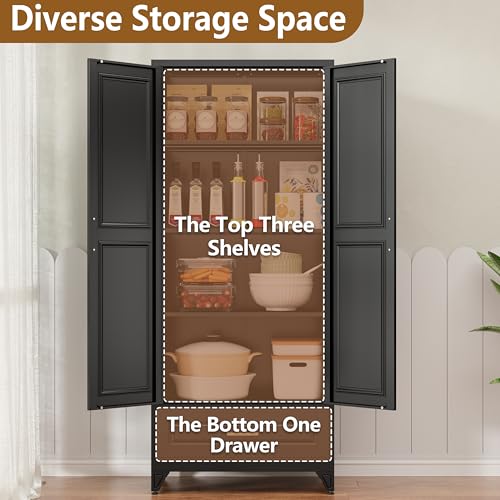 Tall Kitchen Storage Cabinet with Doors and Adjustable Shelves, Black Freestanding Cupboard J20442