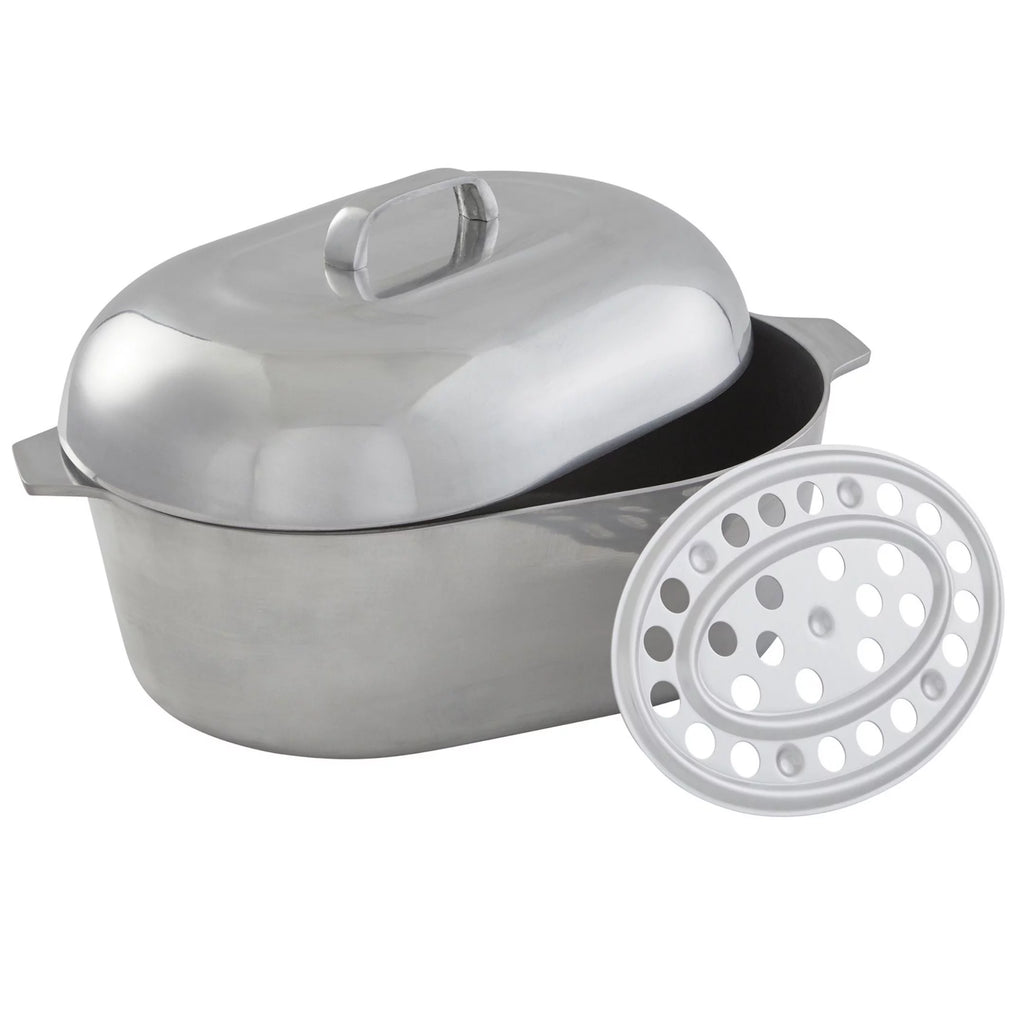 Imusa 15 inch Cajun Oval Heavy Duty Cast Aluminum Roaster Pan with Lid and Roasting Tray, 1 Count