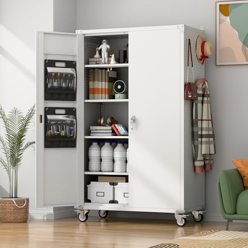 Metal Storage Cabinet with Wheels, 73" H, Locking Doors and Adjustable Shelves A1751
