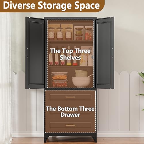Tall Kitchen Storage Cabinet with Doors and Adjustable Shelves, Black Freestanding Cupboard J20442