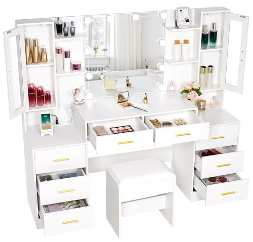 59.1" Vanity Desk with Mirror and Lights, 8 Drawers, 3 Lighting Modes N498542