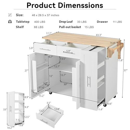 Large Kitchen Island with Drop Leaf, Rolling Cart, Power Outlet and Storage A3211