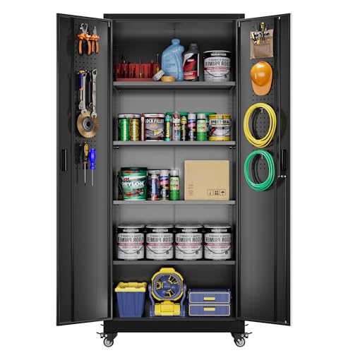Garage Storage Cabinet with Wheels, 72" H, 2 Doors, 4 Adjustable Shelves, Black R4307