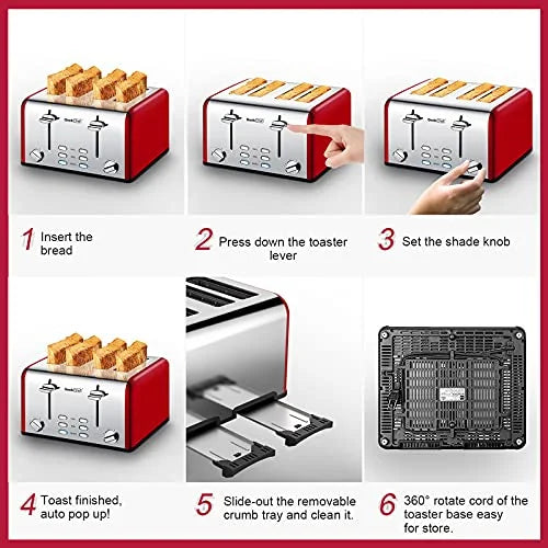 4 Slice Extra Wide Slots Toaster, Stainless Steel, Red L32080
