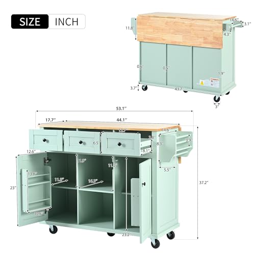 Large Kitchen Island with Drop Leaf, Rolling Cart, Power Outlet and Storage A3211