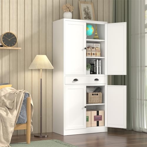 Tall Kitchen Storage Cabinet with Doors and Adjustable Shelves, Black Freestanding Cupboard J20442