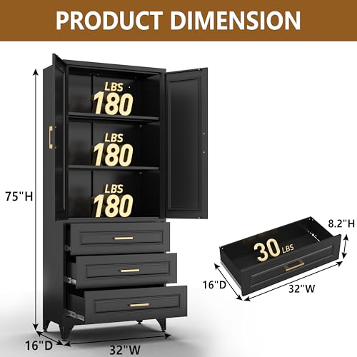 Tall Kitchen Storage Cabinet with Doors and Adjustable Shelves, Black Freestanding Cupboard J20442