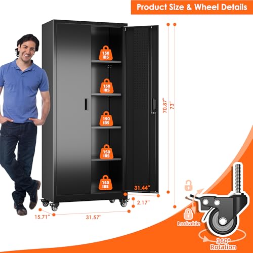 Metal Storage Cabinet with Wheels, 73" H, Locking Doors and Adjustable Shelves A1751