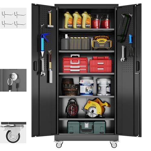 Garage Storage Cabinet with Wheels, 72" H, 2 Doors, 4 Adjustable Shelves, Black R4307
