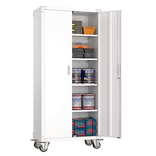 Garage Storage Cabinet with Wheels, 72" H, 2 Doors, 4 Adjustable Shelves, Black R4307