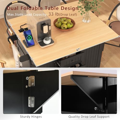 Foldable Kitchen Storage Island Cart with Drop Leaf Extensions and Wheels C5218