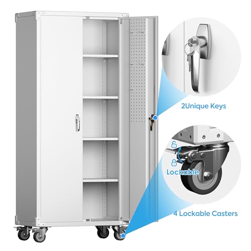 Metal Storage Cabinet with Wheels, 73" H, Locking Doors and Adjustable Shelves A1751