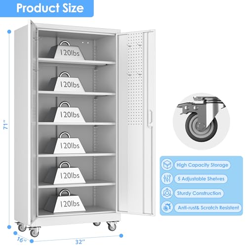 Garage Storage Cabinet with Wheels, 72" H, 2 Doors, 4 Adjustable Shelves, Black R4307