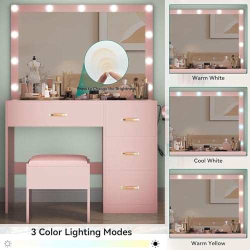 Vanity Desk Set with LED Mirror and Lights, Makeup Table with Drawers & Stool N790324
