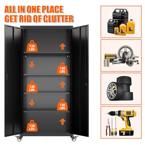 Metal Storage Cabinet with Wheels, 73" H, Locking Doors and Adjustable Shelves A1751