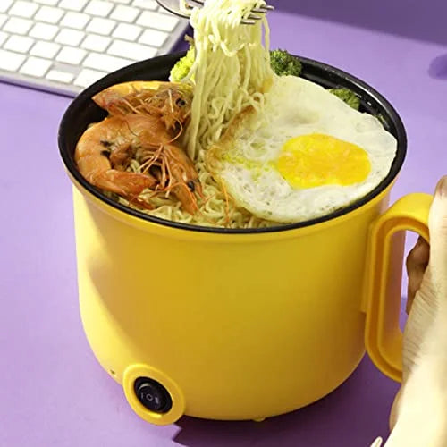Jeanoko Electric Cooking Pot 1.5L Coated Anti Scald Handle Clear Lid Multifunction Electric Cooker Multi Function Electric Pot Electric Cooker for Home Dormitory Party (Yellow Double Layer)